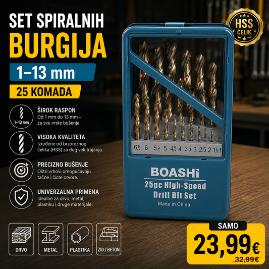 Set spiralnih burgija 1–13 mm – 25 kom