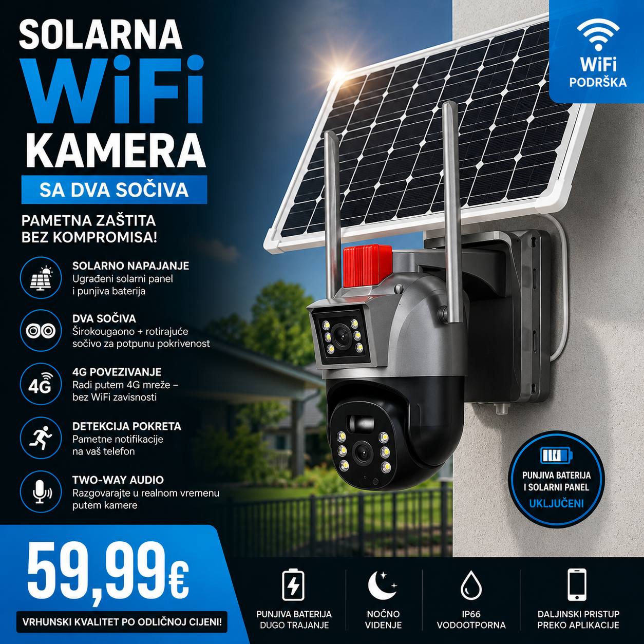 Solarna WiFi kamera sa dva sočiva