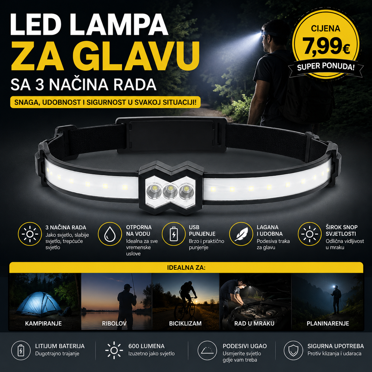 Led lampa za glavu sa 3 nacina rada