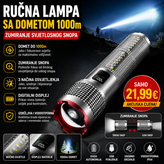LED Ručna lampa velikog dometa 1000 m – Zumiranje svjetlosnog snopa | USB punjenje