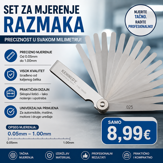 Mjerač zazora (Feeler Gauge) 20 listića 0.05–1.00 mm – Precizni mjerni listići