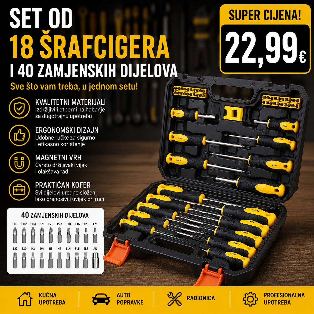 Set od 18 srafcigera i 40 zamjenskih djelova