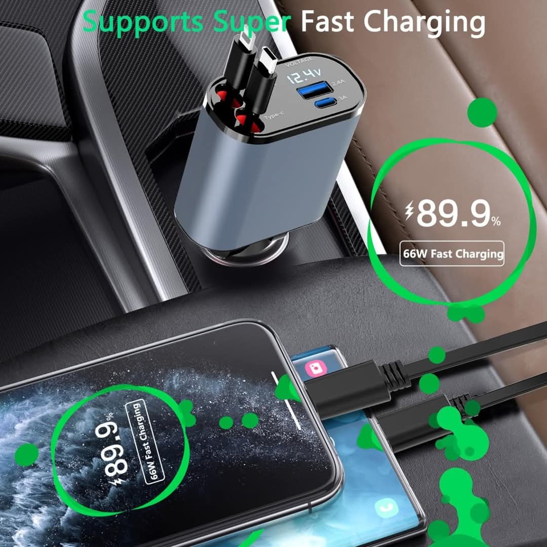 4 u 1 Auto Punjač sa LED Ekranom i Brzim PUNJENJEM (120W)