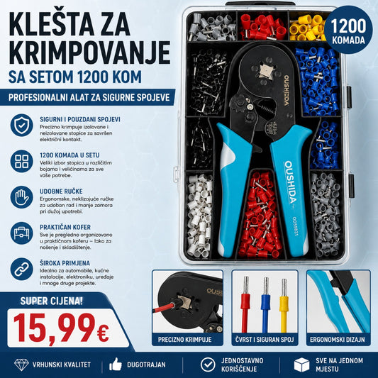 KLIJEŠTA ZA KRIMPOVANJE SA SETOM STOPICA – 1200 KOMADA
