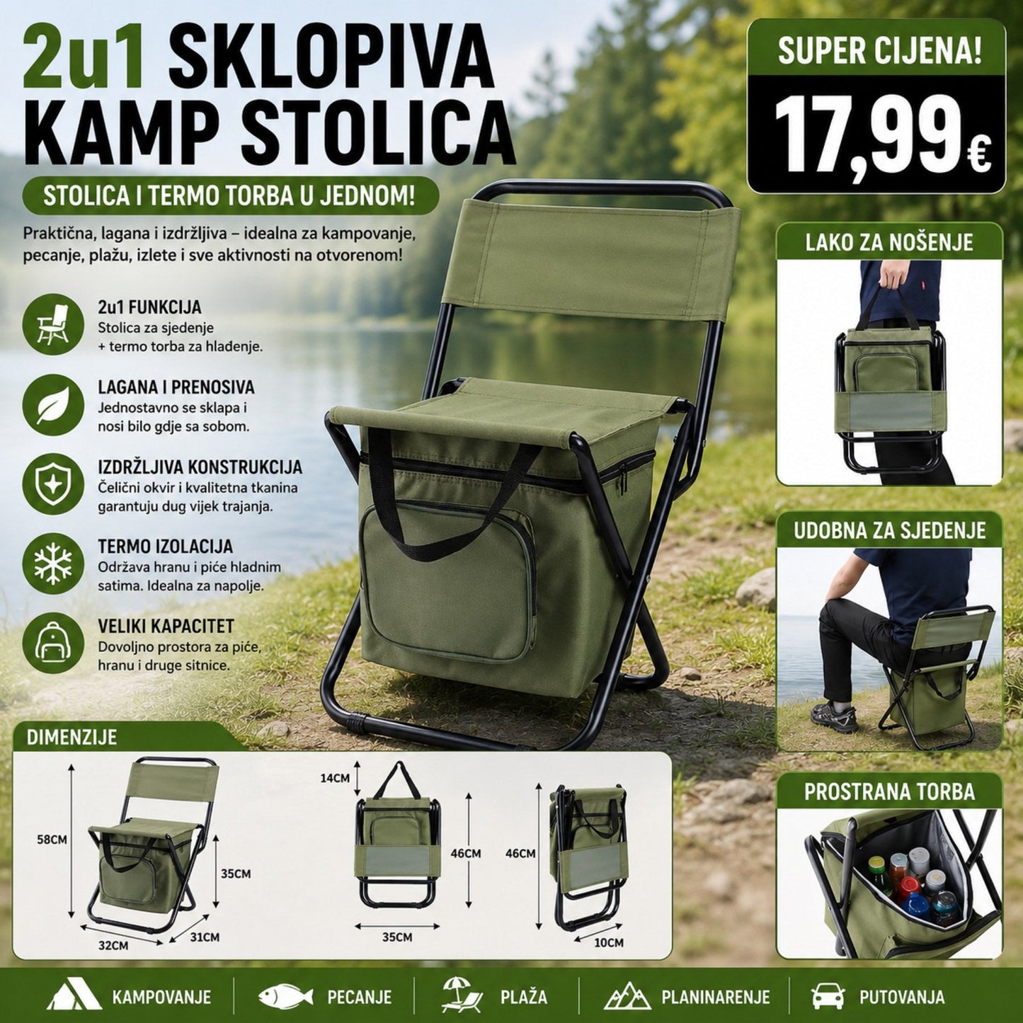 2u1 SKLOPIVA KAMP STOLICA SA TERMO TORBOM – SAVRŠEN SAPUTNIK ZA BORAVAK U PRIRODI