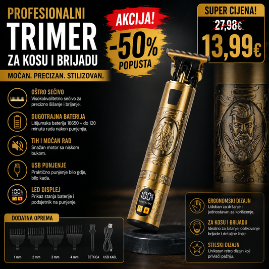 Profesionalni bežični trimer za kosu i bradu sa LED ekranom – USB punjenje