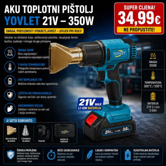 Aku toplotni pištolj YOVLET 21V – 350W
