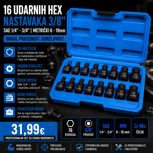 Set udarnih HEX nastavaka za gedoru 16/1 (3/8") – 6 do 19 mm | Cr-Mo čelik