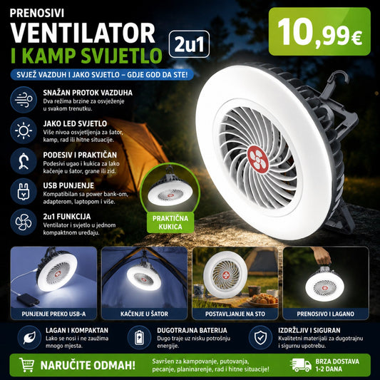 Prenosivi Ventilator i Kamp Svijetlo 2u1