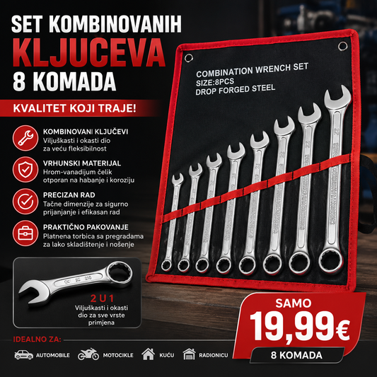 Set kombinovanih ključeva 8/1 – Viljuškasto-okasti ključevi u platnenoj torbi