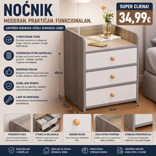 Noćnik sa 3 fioke – Moderan i praktičan dodatak svakoj spavaćoj sobi