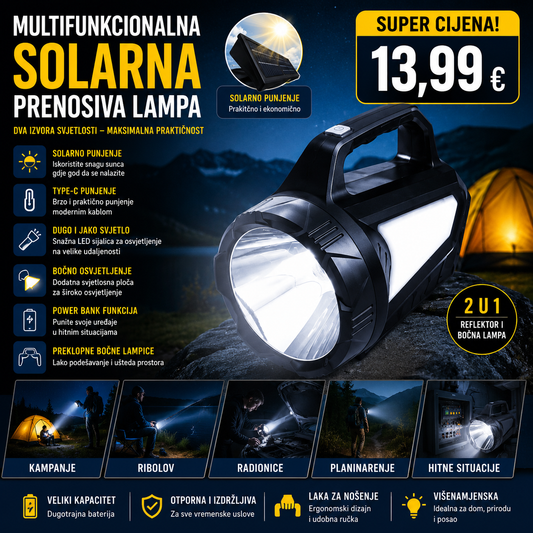 Snažna LED ručna lampa sa solarnim punjenjem